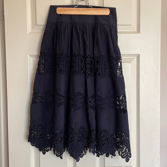 Ann Taylor Navy Cotton Macramé Lace A-line Midi Skirt - Picture 1 of 5